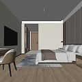 Modern Hotel Guest Room Interior With Bed TV Desk Chair Wooden Floor And Pendant Lights