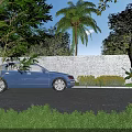 Garden Landscape Featuring Stone Wall Tall Palm Tree and Green Shrubs Around Asphalt Driveway