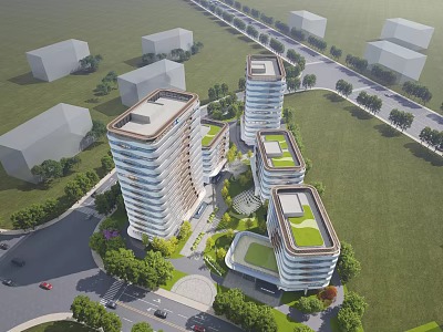 Modern High Rise Buildings With Green Roofs And Surrounding Roads Trees Greenery 3d model