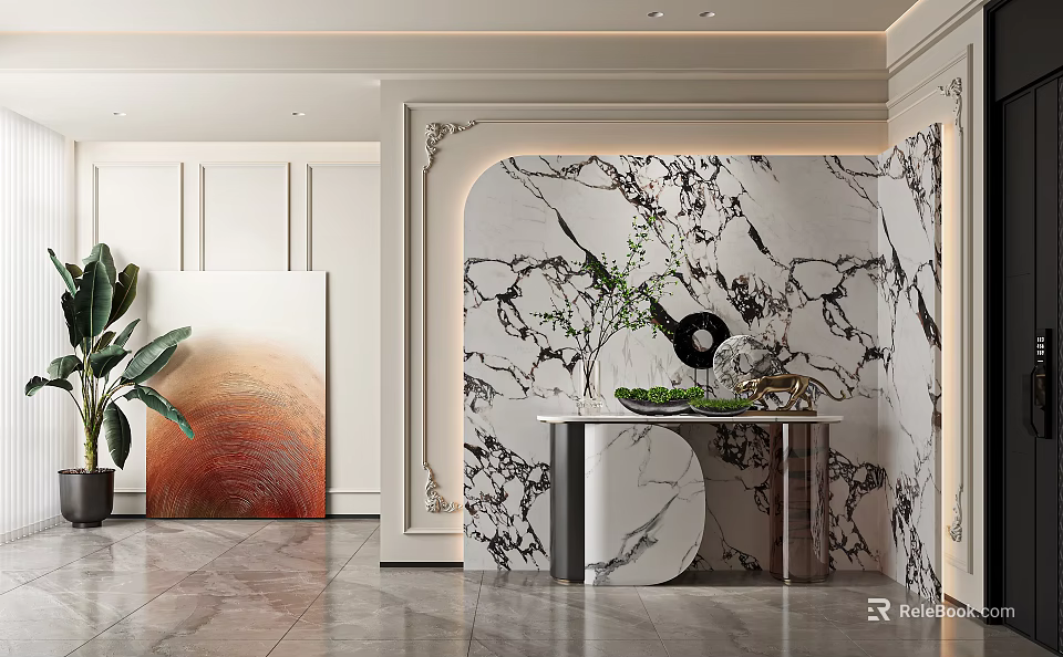 Modern Entryway Hallway Design With Marble Wall Round Table And Green Plant Decor 3d model 