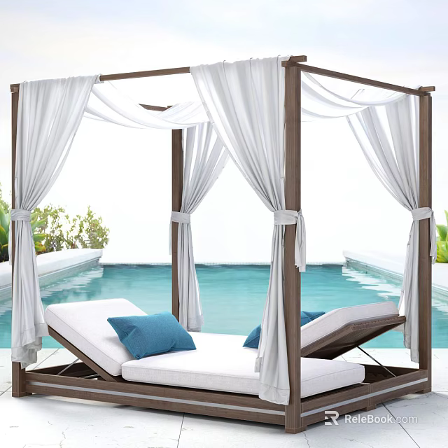 Outdoor Canopy Double Bed with White Drapes Blue Pillows and Pool View 3d model 