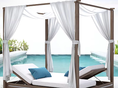 Outdoor Canopy Double Bed with White Drapes Blue Pillows and Pool View 3d model
