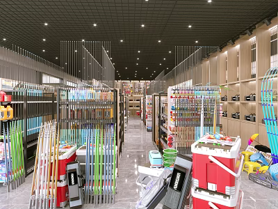 Cleaning Supplies Store With Various Colorful Cleaning Tools On Organized Bright Shelves 3d model