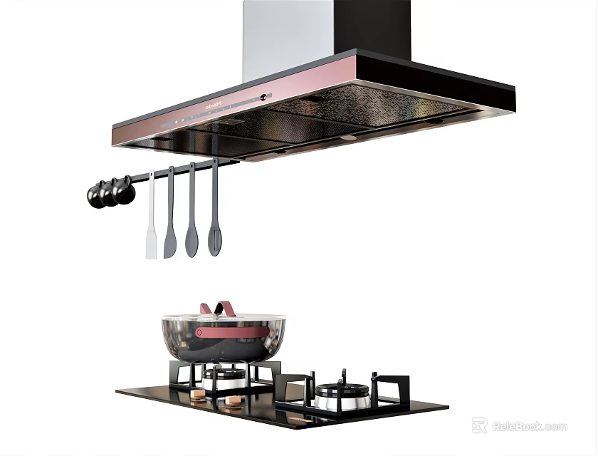 Sleek Modern Kitchen Appliances Including Range Hood Gas Stove Cooking Pot And Hanging Utensils 3d model 