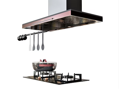 Sleek Modern Kitchen Appliances Including Range Hood Gas Stove Cooking Pot And Hanging Utensils 3d model