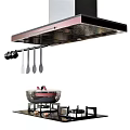 Sleek Modern Kitchen Appliances Including Range Hood Gas Stove Cooking Pot And Hanging Utensils