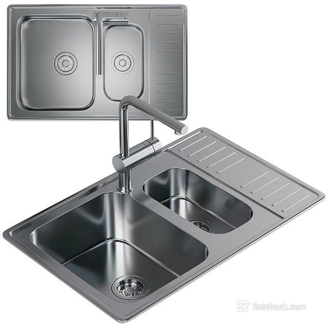 Stainless Steel Double Bowl Kitchen Sink With Faucet And Drainer 3d model 
