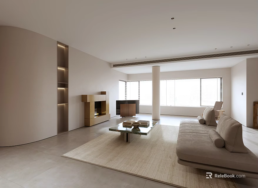 Minimalist Living Dining Room with Beige Sofa Coffee Table Fireplace Large Windows and Natural Light 3d model 