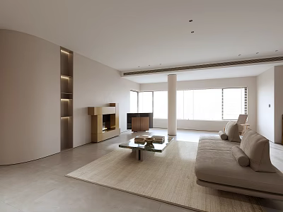 Minimalist Living Dining Room with Beige Sofa Coffee Table Fireplace Large Windows and Natural Light 3d model