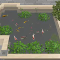 Garden Landscape With Pond Koi Fish Lotus Leaves And Green Plants