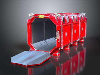 Cartoon Scene Featuring Red Mechanical Device With Large Entrance Ramp And Vibrant Metal Details 3d model