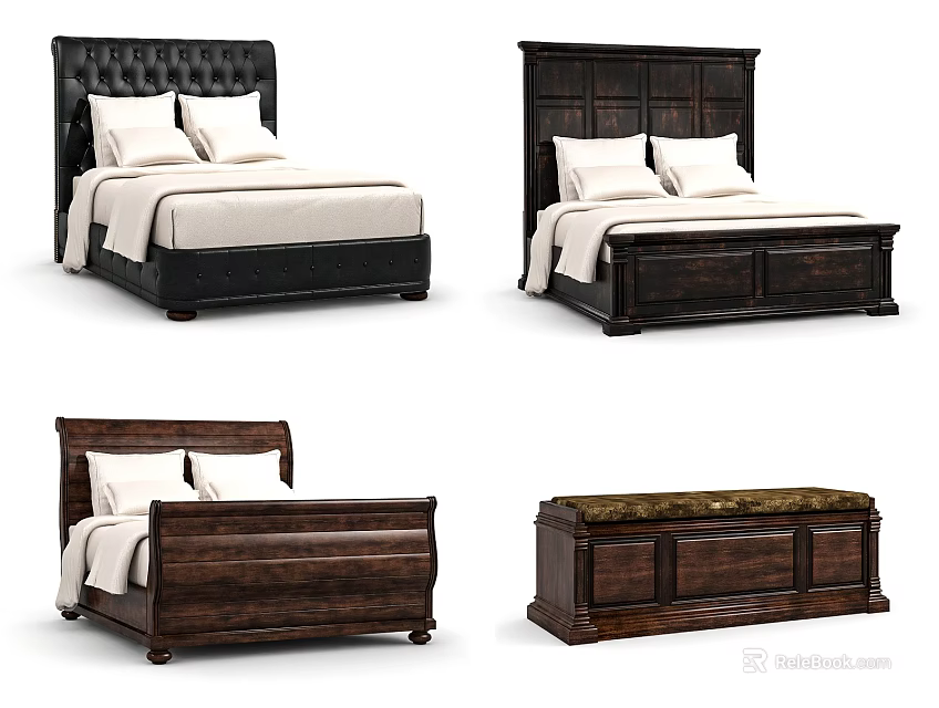 Double Bed Styles Featuring Leather And Wooden Headboards With Matching Bed Bench 3d model 