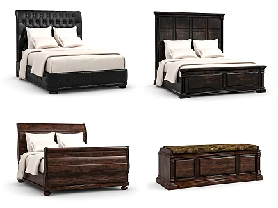 Double Bed Styles Featuring Leather And Wooden Headboards With Matching Bed Bench 3d model