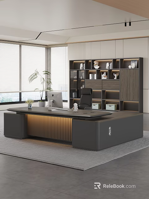Modern Office Desk With Wooden Bookshelf Computer Monitor Green Plant And Black Office Chair 3d model 
