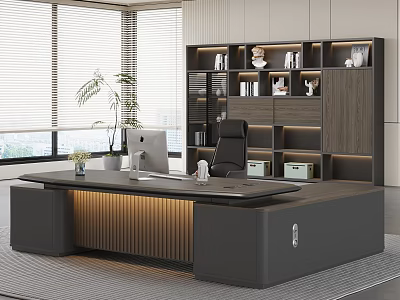 Modern Office Desk With Wooden Bookshelf Computer Monitor Green Plant And Black Office Chair 3d model