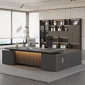 Modern Office Desk With Wooden Bookshelf Computer Monitor Green Plant And Black Office Chair