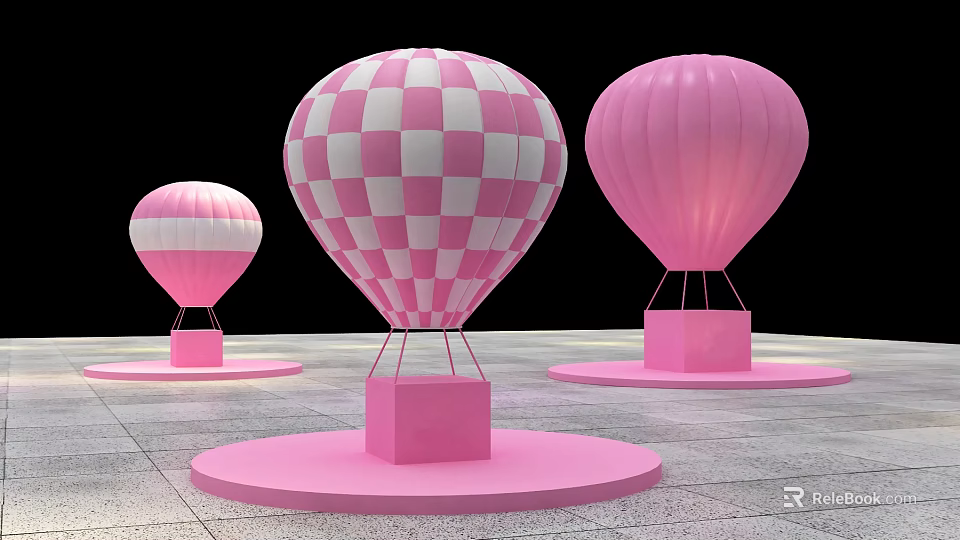 Pink Hot Air Balloon Photo Check in Spot Featuring Checkered Pattern and Round Platforms 3d model 