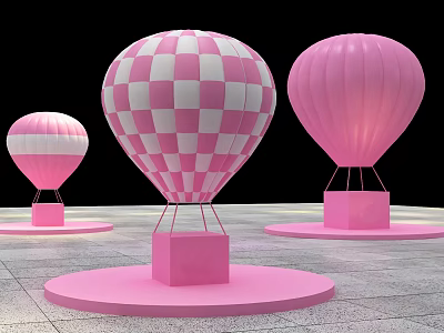 Pink Hot Air Balloon Photo Check in Spot Featuring Checkered Pattern and Round Platforms 3d model