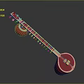 Traditional Red Sitar Instrument With Long Neck Strings Tuning Pegs And Circular Resonators