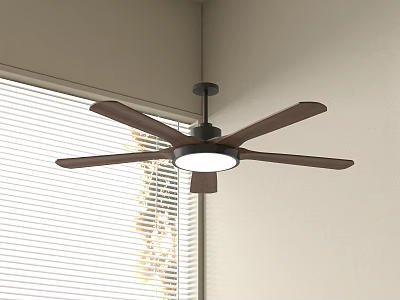 Modern Ceiling Fan With Wooden Blades And Light Near Window Blinds In Room Corner 3d model