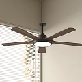Modern Ceiling Fan With Wooden Blades And Light Near Window Blinds In Room Corner