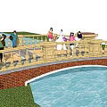 Scenic Landscape Bridge With Red Brick Structure Yellow Railings And People Enjoying Water View