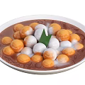Delicious Orange And White Glutinous Rice Balls In Brown Sauce With Green Leaf On Plate