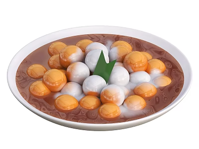 Delicious Orange And White Glutinous Rice Balls In Brown Sauce With Green Leaf On Plate 3d model