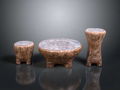 Natural Wooden Furniture Set With Round Table And Two Stools Featuring Wood Grain 3d model