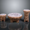 Natural Wooden Furniture Set With Round Table And Two Stools Featuring Wood Grain