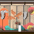 Window Display With Wooden Lattice Backdrop Mannequins Floral Decorations Colorful Fans And Decorative Mountain Shapes
