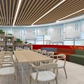 Modern Meeting Room Interior With Long Wooden Table White Chairs Bookshelves Green Plants