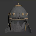 Medieval Warrior Helmet Featuring Ornate Steel Construction Gold Accents And Face Guard