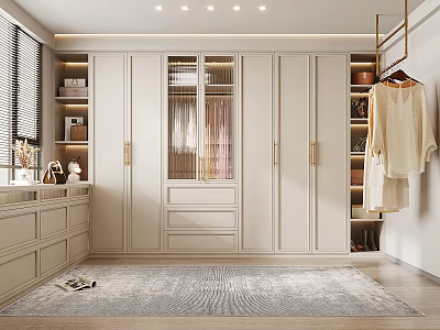 Modern Walk In Closet With White Cabinetry Glass Doors And Open Shelves 3d model
