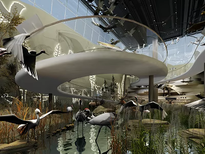 Modern Cultural Center Interior With Curved Walkway Crane Sculptures Water Features And Greenery 3d model