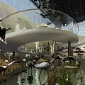 Modern Cultural Center Interior With Curved Walkway Crane Sculptures Water Features And Greenery