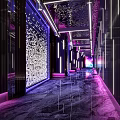 Modern KTV Corridor With Purple Blue Lighting Decorative Ceiling And Red Glowing Elements 3d model