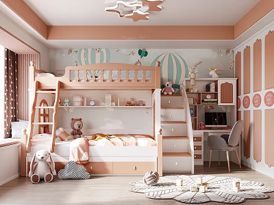 Pink Kids Room With Bunk Bed Hot Air Balloon Wallpaper Bookshelf Chair And Stuffed Toys 3d model