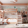 Pink Kids Room With Bunk Bed Hot Air Balloon Wallpaper Bookshelf Chair And Stuffed Toys
