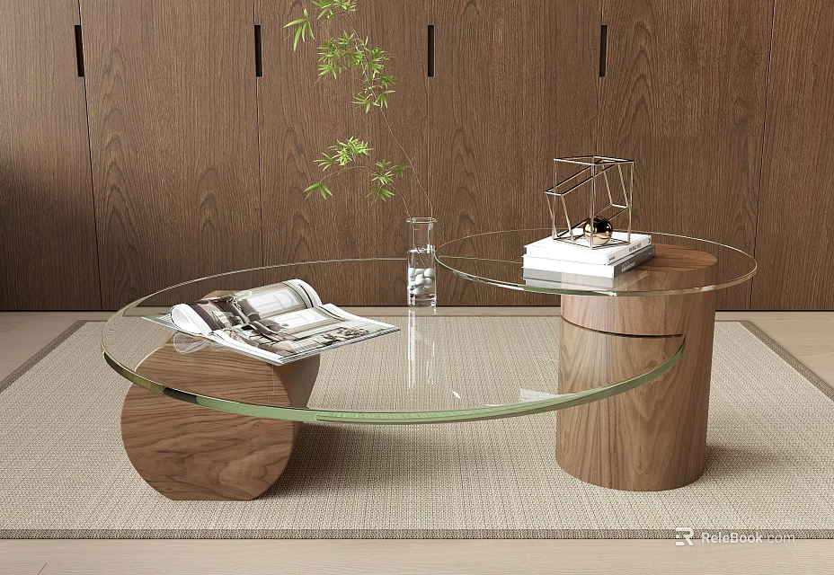 Modern Glass Top Wooden Base Coffee Table With Magazines Vase Plant Books Metal Decor 3d model 