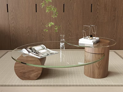 Modern Glass Top Wooden Base Coffee Table With Magazines Vase Plant Books Metal Decor 3d model