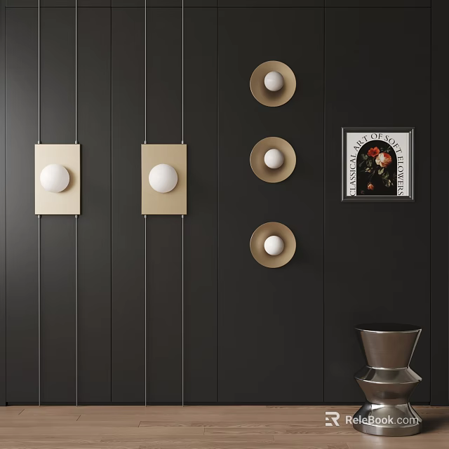 Elegant Modern Black Wall Decor With Round Head Gold Frame Wall Lamps And Artwork 3d model 