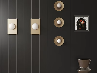 Elegant Modern Black Wall Decor With Round Head Gold Frame Wall Lamps And Artwork 3d model