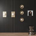 Elegant Modern Black Wall Decor With Round Head Gold Frame Wall Lamps And Artwork
