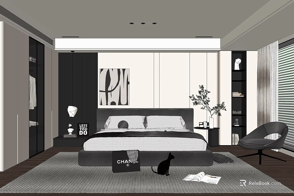 Modern Bedroom Interior Featuring Bed Nightstand Wall Art Cat Rug And Accent Chair 3d model 