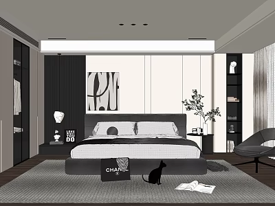 Modern Bedroom Interior Featuring Bed Nightstand Wall Art Cat Rug And Accent Chair 3d model