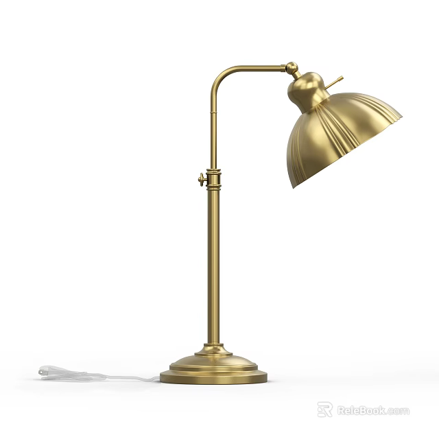Golden Unique Shaped Table Lamp With Curved Arm And Flared Shade Design 3d model 