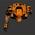 Orange Mechanical Robot Game And Movie Character With Antennae Holding Weapon