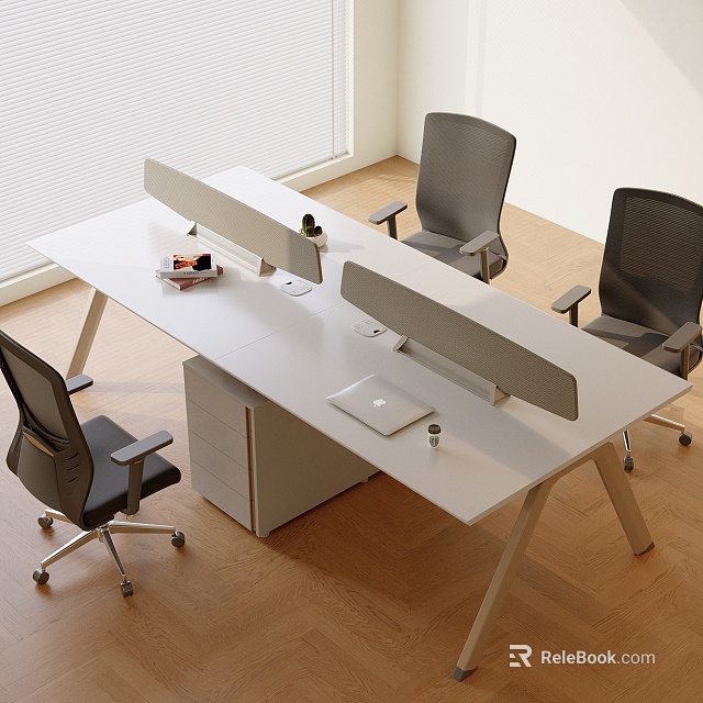 White Office Desk With Privacy Screens Black Chairs Laptop Water Cup Window And Wooden Floor 3d model 