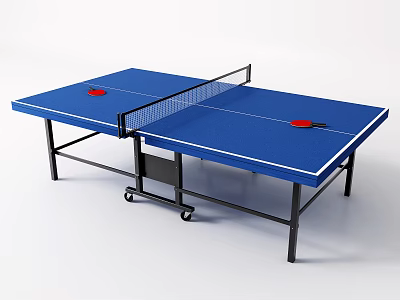 Sports Equipment Blue Ping Pong Table with Wheels Net and Red Paddles 3d model
